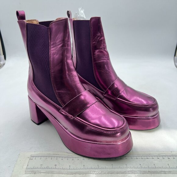 FSJ Women Classic Pointed Closed Toe Ankle Boots Chunky  FSJ Purple Round Toe Chunky  Heel Ankle Boots Elastic Pull On Casual Walking